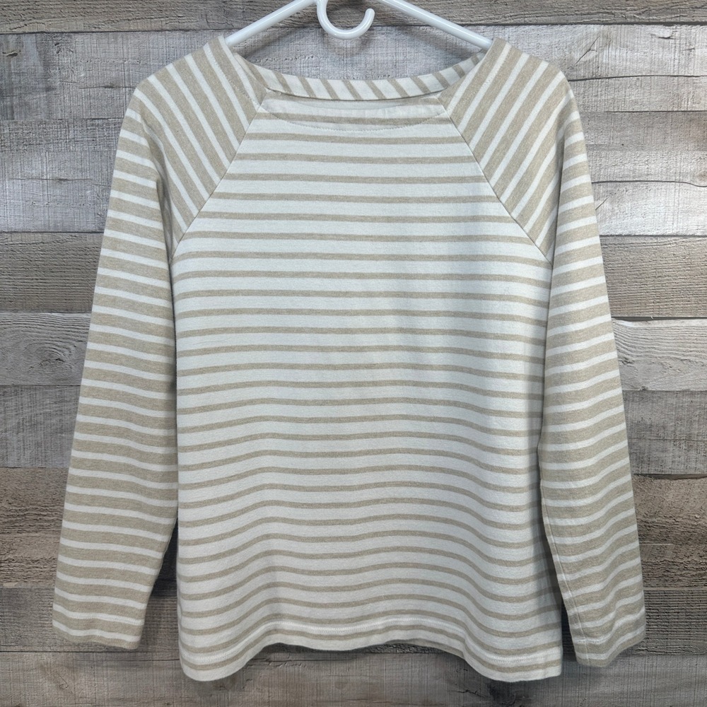 Vineyard‎ Vines Womens Tan White Striped Raglan Boatneck Elbow Patch Top Medium